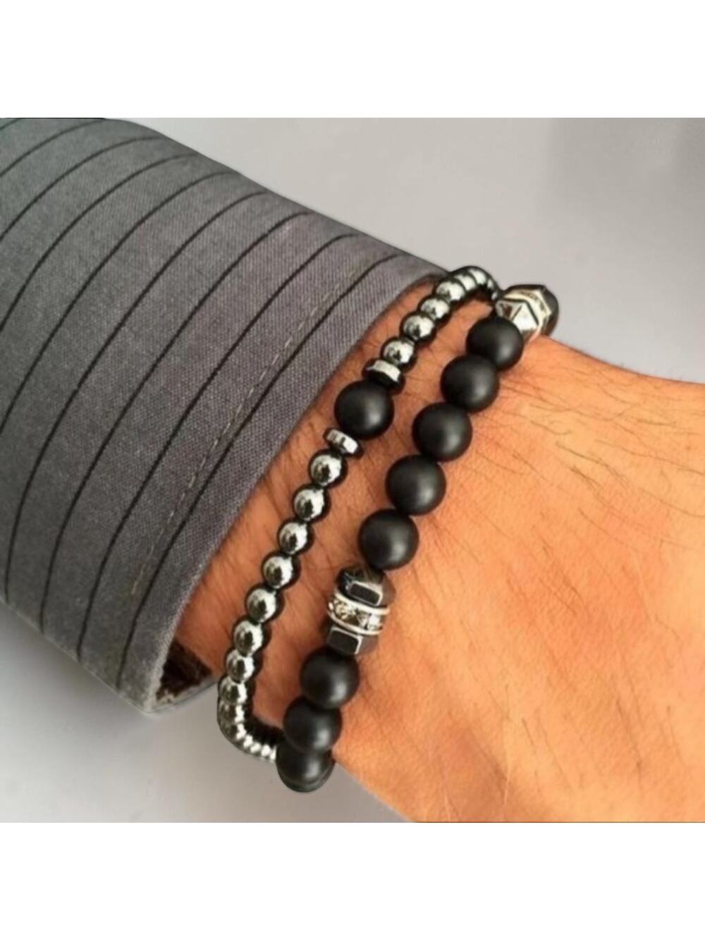 2pc Stone Bead Men Bracelet Set